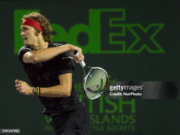 Alexander Zverev, from Germany, in action against Nick Kyrgios, from Australia, during his fourth round match at Miami Open in Key Biscayne, on March...