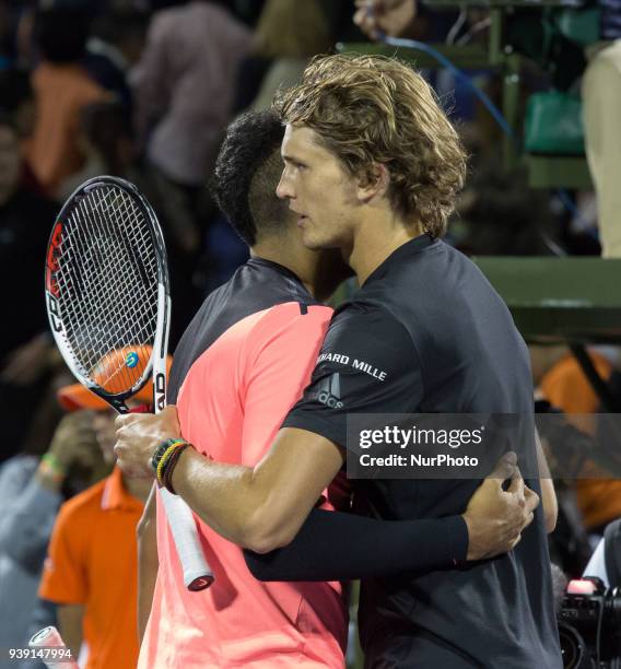 Alexander Zverev, from Germany, and Nick Kyrgios, from Australia, during their hand shake after the match for the fourth round of the Miami Open....