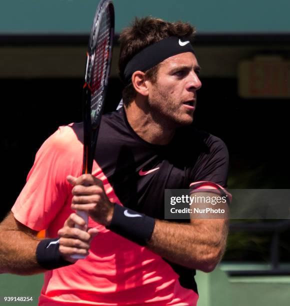 Juan Martin Del Potro, from Argentina, in action against Filip Krajinovic, from Serbia, during his fourth round match at the Miami Openn in Key...