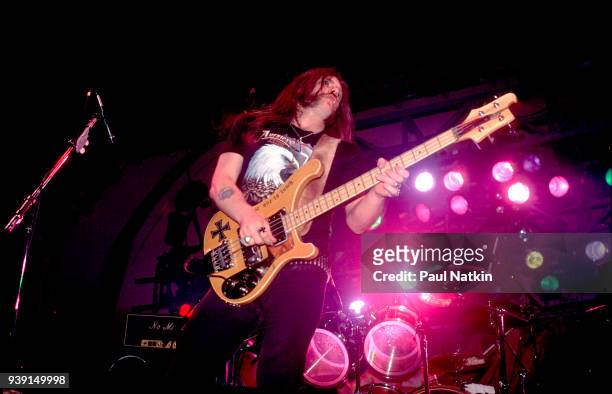 Ian 'Lemmy' Kilmister of Motorhead performs onstage at the Aragon Ballroom in Chicago, Illinois, November 10, 1988.