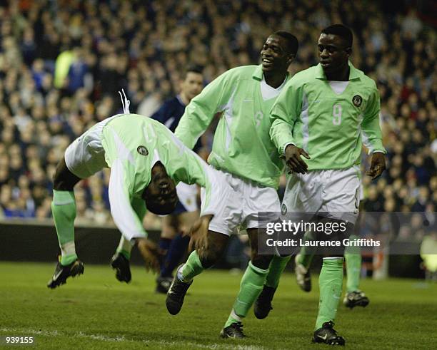 Julius Aghahowa of Nigeria celebrates his goal during the International Friendly match between Scotland and Nigeria played at the Pittodrie Stadium,...