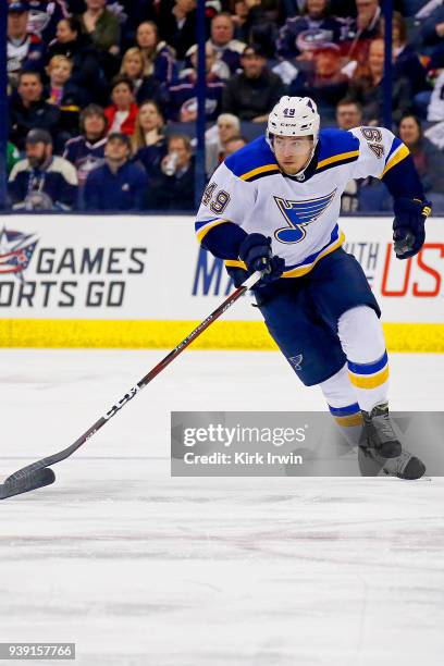 Ivan Barbashev of the St. Louis Blues skates after the puck during the game against the Columbus Blue Jackets on March 24, 2018 at Nationwide Arena...