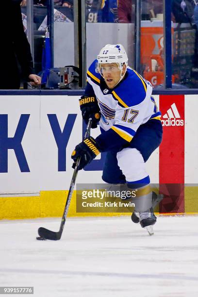 Jaden Schwartz of the St. Louis Blues controls the puck during the game against the Columbus Blue Jackets on March 24, 2018 at Nationwide Arena in...