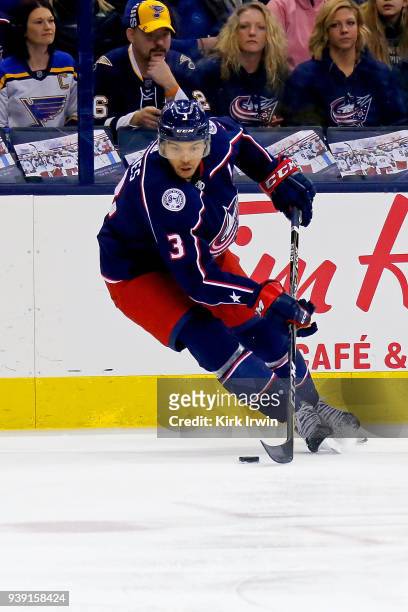 Seth Jones of the Columbus Blue Jackets controls the puck during the game against the St. Louis Blues on March 24, 2018 at Nationwide Arena in...
