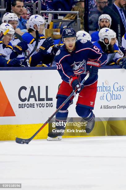 Mark Letestu of the Columbus Blue Jackets controls the puck during the game against the St. Louis Blues on March 24, 2018 at Nationwide Arena in...