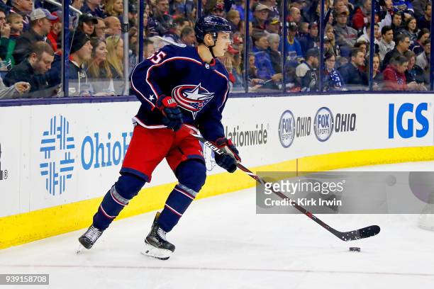 Markus Nutivaara of the Columbus Blue Jackets controls the puck during the game against the St. Louis Blues on March 24, 2018 at Nationwide Arena in...