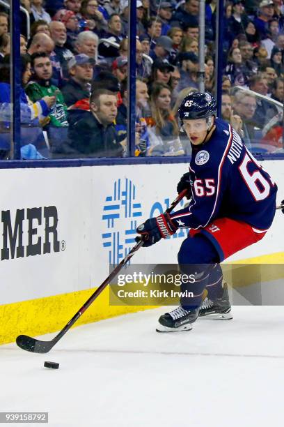 Markus Nutivaara of the Columbus Blue Jackets controls the puck during the game against the St. Louis Blues on March 24, 2018 at Nationwide Arena in...