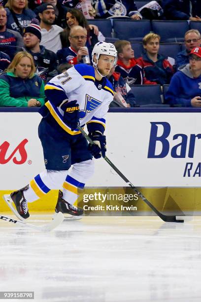 Vladimir Sobotka of the St. Louis Blues controls the puck during the game against the Columbus Blue Jackets on March 24, 2018 at Nationwide Arena in...