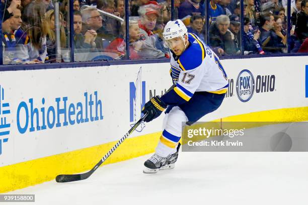 Jaden Schwartz of the St. Louis Blues controls the puck during the game against the Columbus Blue Jackets on March 24, 2018 at Nationwide Arena in...