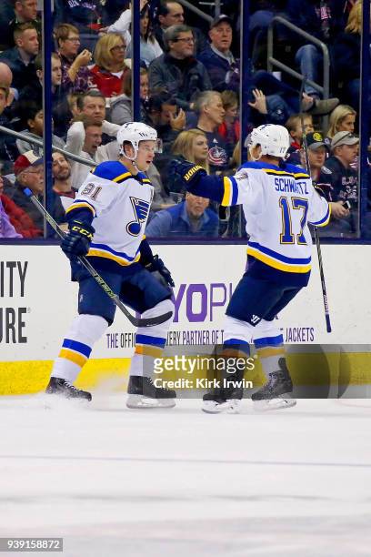 Vladimir Tarasenko of the St. Louis Blues is congratulated by Jaden Schwartz of the St. Louis Blues after scoring a goal during the game against the...