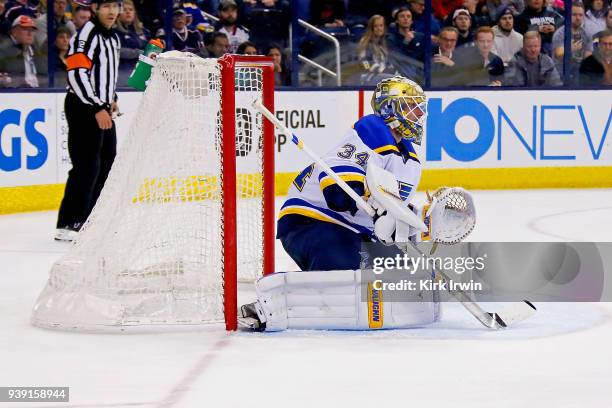 Jake Allen of the St. Louis Blues follows the puck during the game against the Columbus Blue Jackets on March 24, 2018 at Nationwide Arena in...