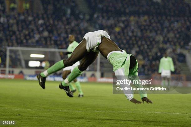 Julius Aghahowa of Nigeria celebrates his goal during the International Friendly match between Scotland and Nigeria played at the Pittodrie Stadium,...