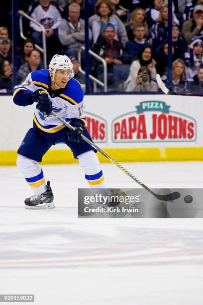 Jaden Schwartz of the St. Louis Blues controls the puck during the game against the Columbus Blue Jackets on March 24, 2018 at Nationwide Arena in...