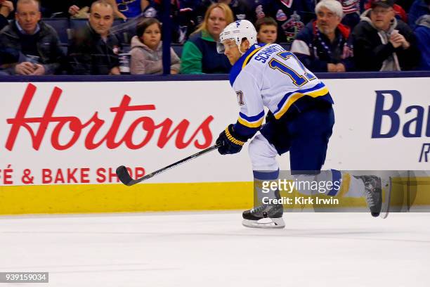 Jaden Schwartz of the St. Louis Blues skates after the puck during the game against the Columbus Blue Jackets on March 24, 2018 at Nationwide Arena...