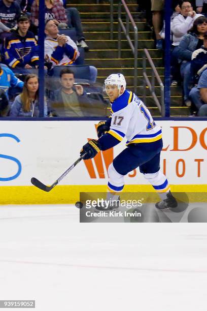 Jaden Schwartz of the St. Louis Blues controls the puck during the game against the Columbus Blue Jackets on March 24, 2018 at Nationwide Arena in...