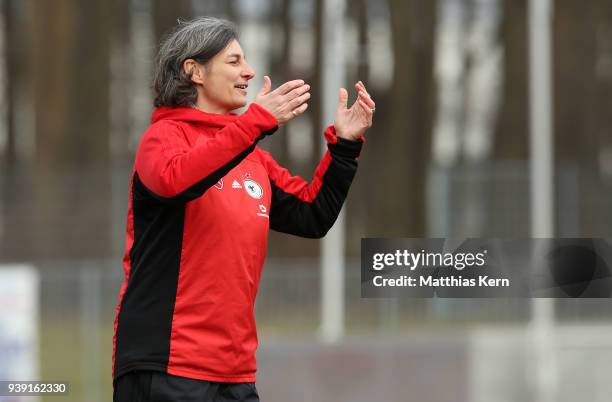 Head coach Anouschka Bernhard of Germany gestures during the UEFA U17 Girl's European Championship Qualifier match between Germany and Ireland at...