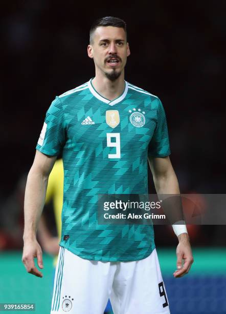 Sandro Wagner of Germany reacts during the international friendly match between Germany and Brazil at Olympiastadion on March 27, 2018 in Berlin,...