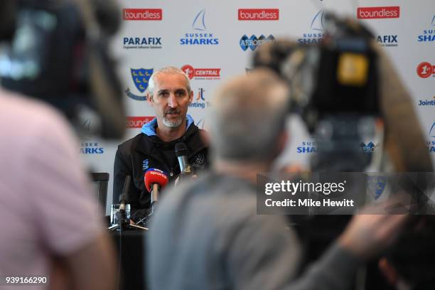 Sussex 1st team coach Jason Gillespie poses for a photo during a Sussex CCC photocall at The 1st Central County Ground on March 28, 2018 in Hove,...