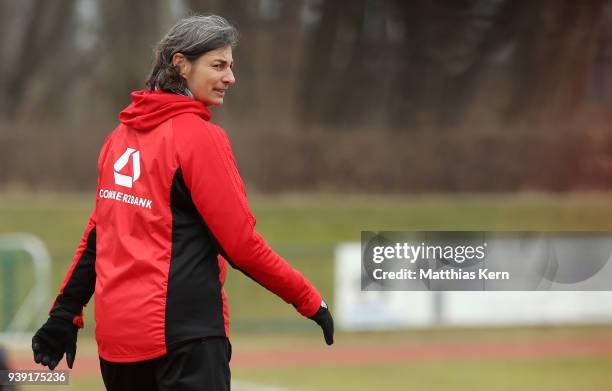 Head coach Anouschka Bernhard of Germany looks on during the UEFA U17 Girl's European Championship Qualifier match between Germany and Ireland at...