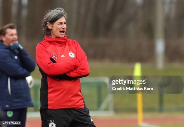 Head coach Anouschka Bernhard of Germany gestures during the UEFA U17 Girl's European Championship Qualifier match between Germany and Ireland at...