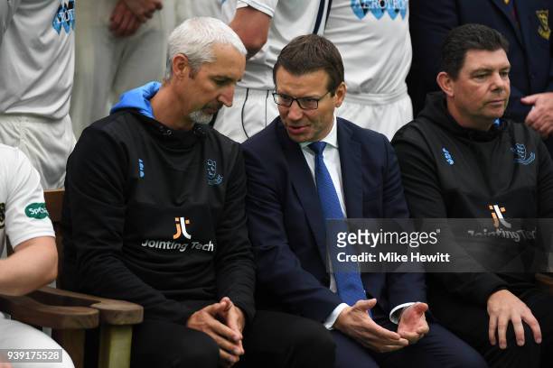 Sussex 1st team coach Jason Gillespie chats to chief executive Rob Andrew during a Sussex CCC photocall at The 1st Central County Ground on March 28,...