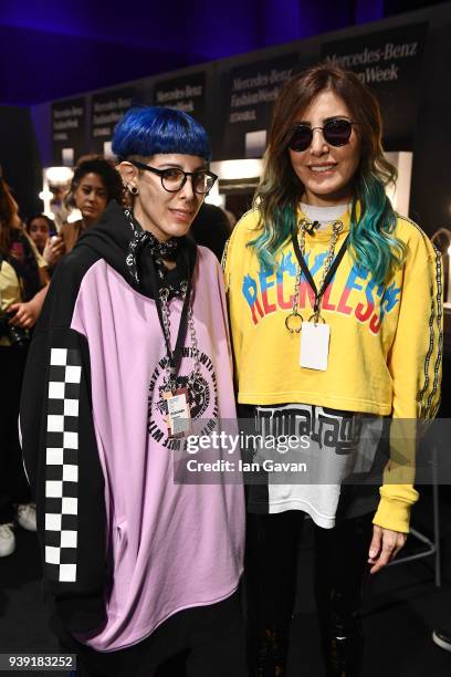 Designers Begum Berdan and Deniz Berdan pose ahead of the DB Berdan show during Mercedes Benz Fashion Week Istanbul at Zorlu Center on March 28, 2018...
