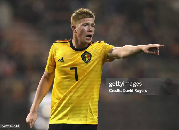 Kevin de Bruyne of Belgium issues instructions during the international friendly match between Belgium and Saudi Arabia at the King Baudouin Stadium...