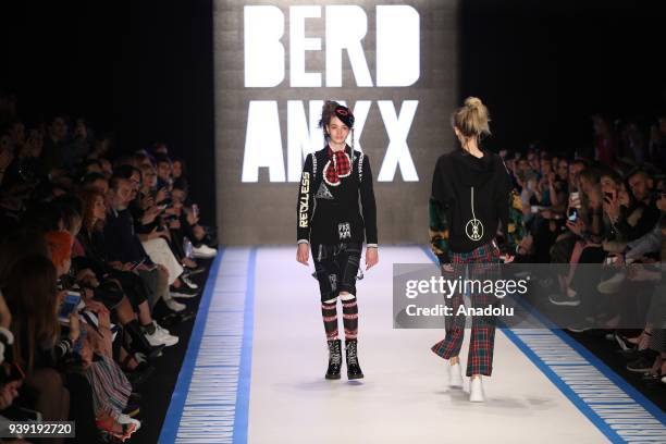 Model presents creations of designer Deniz Berdan during the Mercedes-Benz Fashion Week / Fall Season 2018 at the Zorlu Performing Arts Center in...