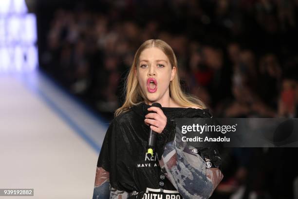 Model presents creations of designer Deniz Berdan during the Mercedes-Benz Fashion Week / Fall Season 2018 at the Zorlu Performing Arts Center in...