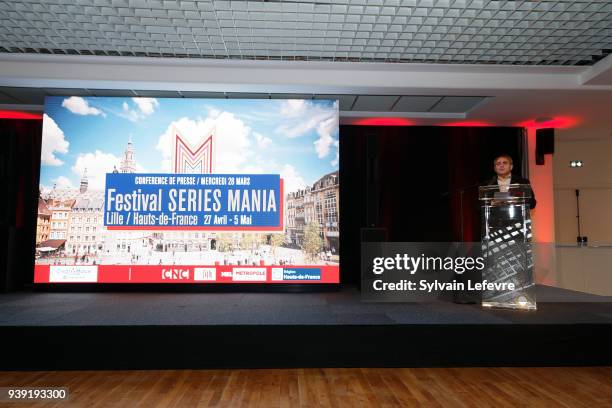 President of 'Les Hauts de France' State Xavier Bertrand delivers a speech during the Series Mania festival presentation press conference on March...