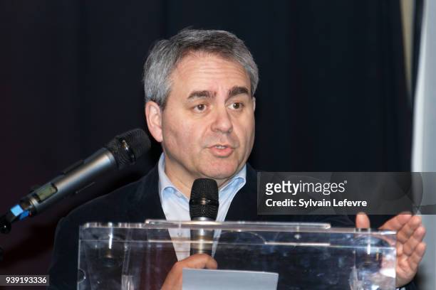 President of 'Les Hauts de France' State Xavier Bertrand delivers a speech during the Series Mania festival presentation press conference on March...