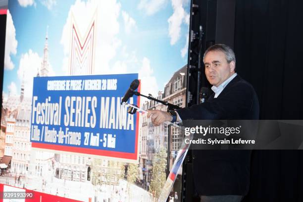 President of 'Les Hauts de France' State Xavier Bertrand delivers a speech during the Series Mania festival presentation press conference on March...
