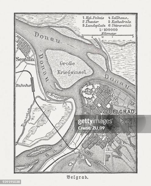 抽象画（版画）【ベオグラード Belgrade】 Historic City Map Of Belgrade Serbia Wood Engraving Published 1897