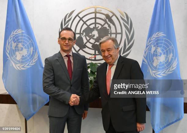 Minister for Foreign Affairs of Germany Heiko Maas meets with Secretary-General of the United Nations Antonio Guterres on March 28, 2018 at the...