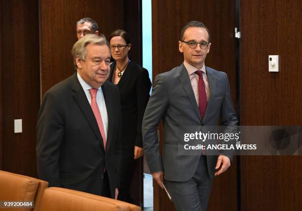 Minister for Foreign Affairs of Germany Heiko Maas meets with Secretary-General of the United Nations Antonio Guterres on March 28, 2018 at the...