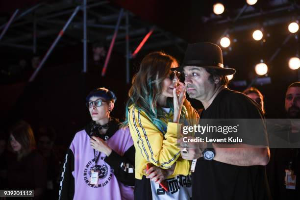 Fashion designers Begum Berdan, Deniz Berdan, Oner Evez ahead of their DB Berdan show during Mercedes Benz Fashion Week Istanbul at Zorlu Center on...