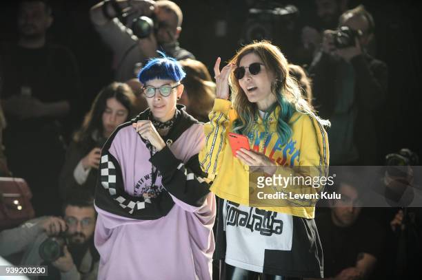 Fashion designers Begum Berdan and Deniz Berdan ahead of their DB Berdan show during Mercedes Benz Fashion Week Istanbul at Zorlu Center on March 28,...