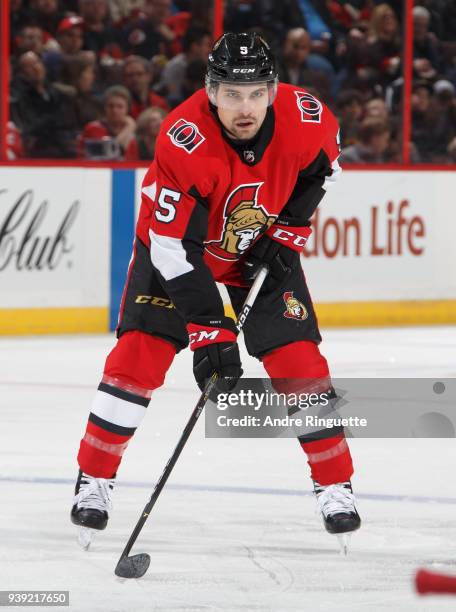 Cody Ceci of the Ottawa Senators skates against the Carolina Hurricanes at Canadian Tire Centre on March 24, 2018 in Ottawa, Ontario, Canada.