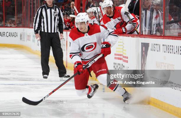 Trevor van Riemsdyk of the Carolina Hurricanes skates against the Ottawa Senators at Canadian Tire Centre on March 24, 2018 in Ottawa, Ontario,...