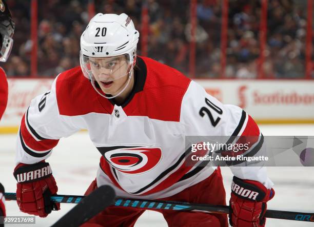 Sebastian Aho of the Carolina Hurricanes prepares for a faceoff against the Ottawa Senators at Canadian Tire Centre on March 24, 2018 in Ottawa,...