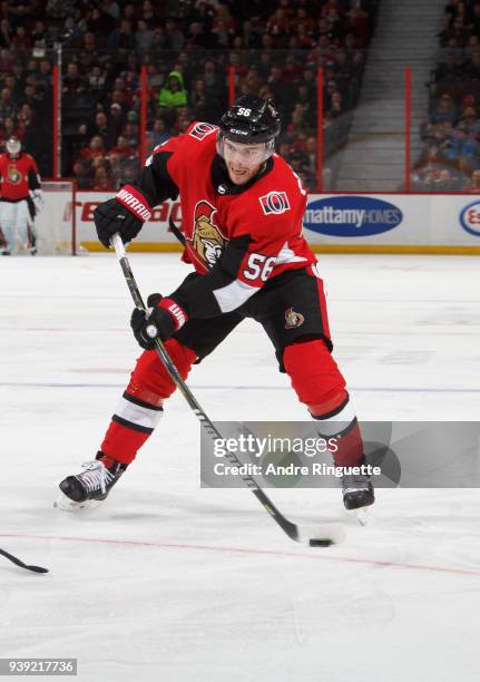 Magnus Paajarvi of the Ottawa Senators shoots the puck against the Carolina Hurricanes at Canadian Tire Centre on March 24, 2018 in Ottawa, Ontario,...