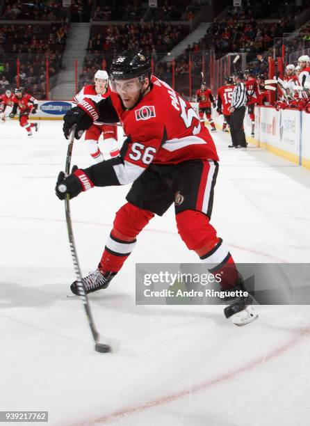 Magnus Paajarvi of the Ottawa Senators shoots the puck against the Carolina Hurricanes at Canadian Tire Centre on March 24, 2018 in Ottawa, Ontario,...