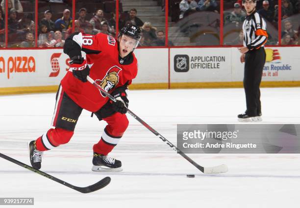 Ryan Dzingel of the Ottawa Senators skates against the Carolina Hurricanes at Canadian Tire Centre on March 24, 2018 in Ottawa, Ontario, Canada.