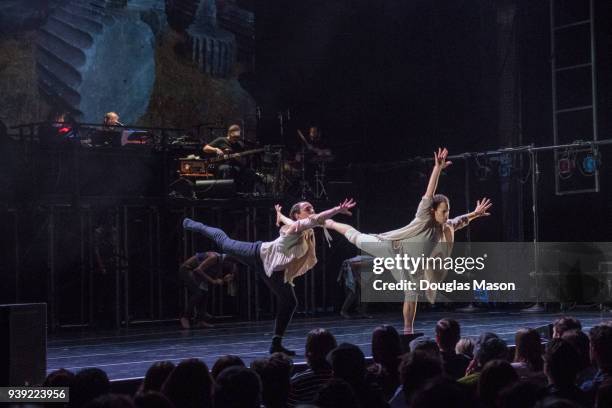 Bon Iver and Tu Dance in concert performing "Come Through" at The Massachusetts Museum of Contemporary Art on March 25, 2018 in North Adams,...