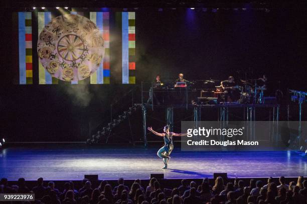 Bon Iver and Tu Dance in concert performing "Come Through" at The Massachusetts Museum of Contemporary Art on March 25, 2018 in North Adams,...