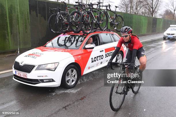 Annelies Dom of Belgium and Team Lotto Soudal Ladies / Car / during the 7th Dwars door Vlaanderen 2018 a 117,7km women's race from Tielt to Waregem...