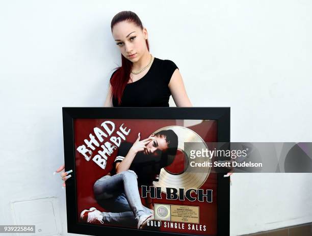 Musician Bhad Bhabie, real name Danielle Bregoli, attends her Gold record presentation for "Hi Bich" at Los Angeles Recording Studio on March 26,...