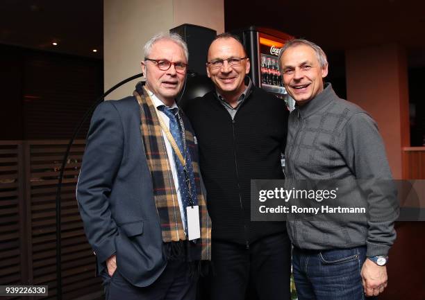 Bernhard Dietz, Andreas Thom and Olaf Thon, members of the Club of Former National Players, attend the International friendly match between Germany...