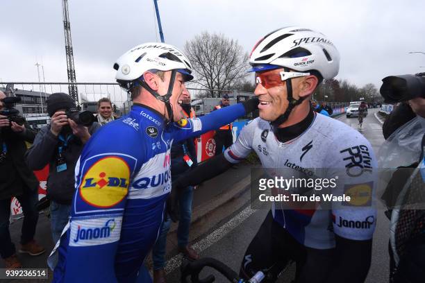 Arrival / Yves Lampaert of Belgium and Team Quick-Step Floors / Celebration / during the 73rd Dwars door Vlaanderen 2018 a 180,1km race from...