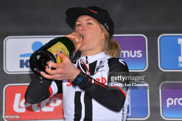 Podium / Ellen van Dijk of The Netherlands and Team Sunweb / Celebration / Champagne / during the 7th Dwars door Vlaanderen 2018 a 117,7km women's...